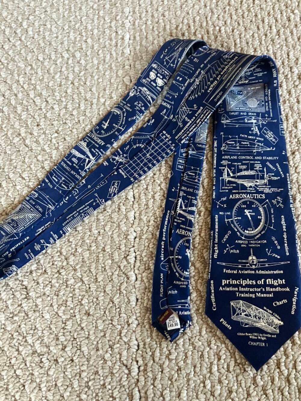 Museum Artifacts Tie Necktie OS Navy Wright Brothers 100% Silk Pilots History‎